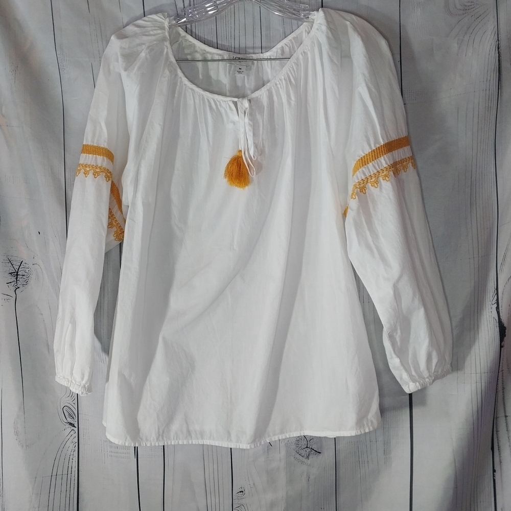 J.Crew Factory 100% Cotton White & Yellow Embroidery Boho Women's Top